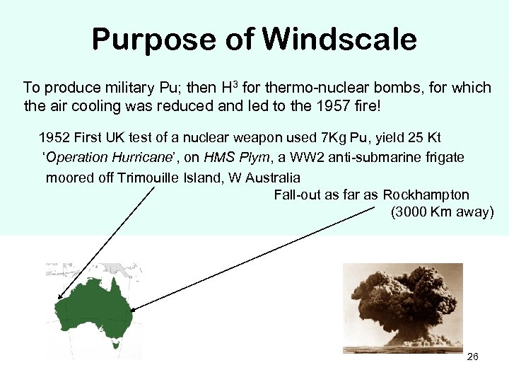 Purpose of Windscale To produce military Pu; then H 3 for thermo-nuclear bombs, for