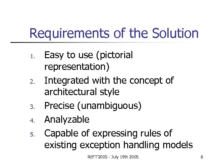 Requirements of the Solution 1. 2. 3. 4. 5. Easy to use (pictorial representation)