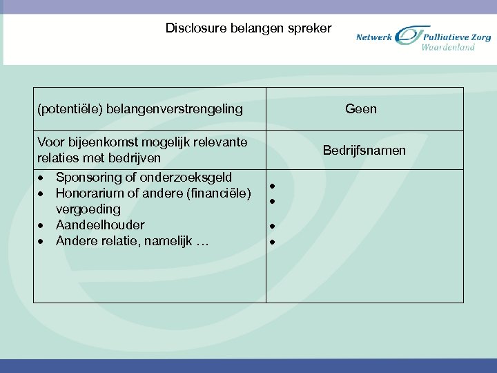 Disclosure belangen spreker (potentiële) belangenverstrengeling Voor bijeenkomst mogelijk relevante relaties met bedrijven Sponsoring of