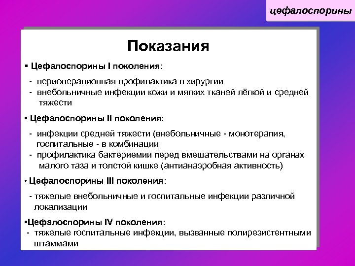цефалоспорины Показания § Цефалоспорины I поколения: - периоперационная профилактика в хирургии - внебольничные инфекции