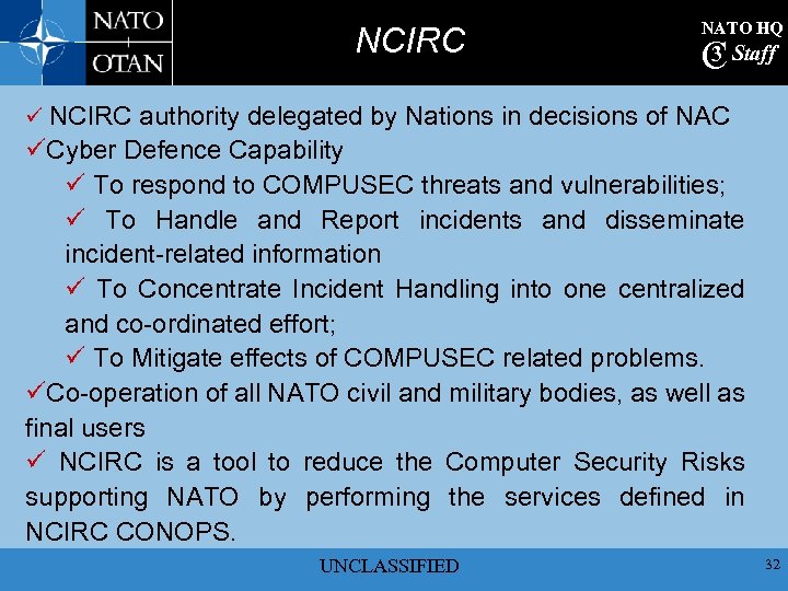 NCIRC NATO HQ 3 C Staff ü NCIRC authority delegated by Nations in decisions