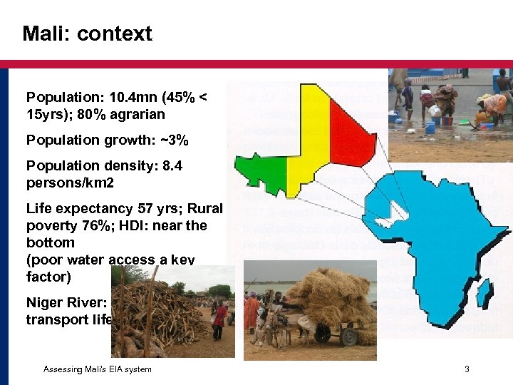 Mali: context Population: 10. 4 mn (45% < 15 yrs); 80% agrarian Population growth: