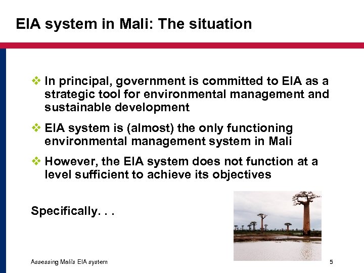 EIA system in Mali: The situation v In principal, government is committed to EIA