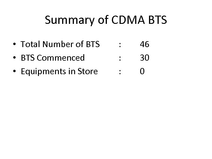 Summary of CDMA BTS • Total Number of BTS • BTS Commenced • Equipments