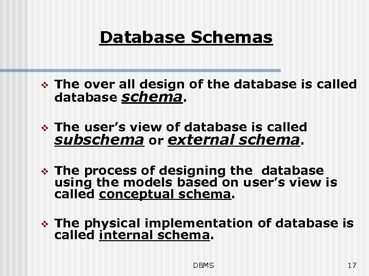 Database Schemas v The over all design of the database is called database schema.