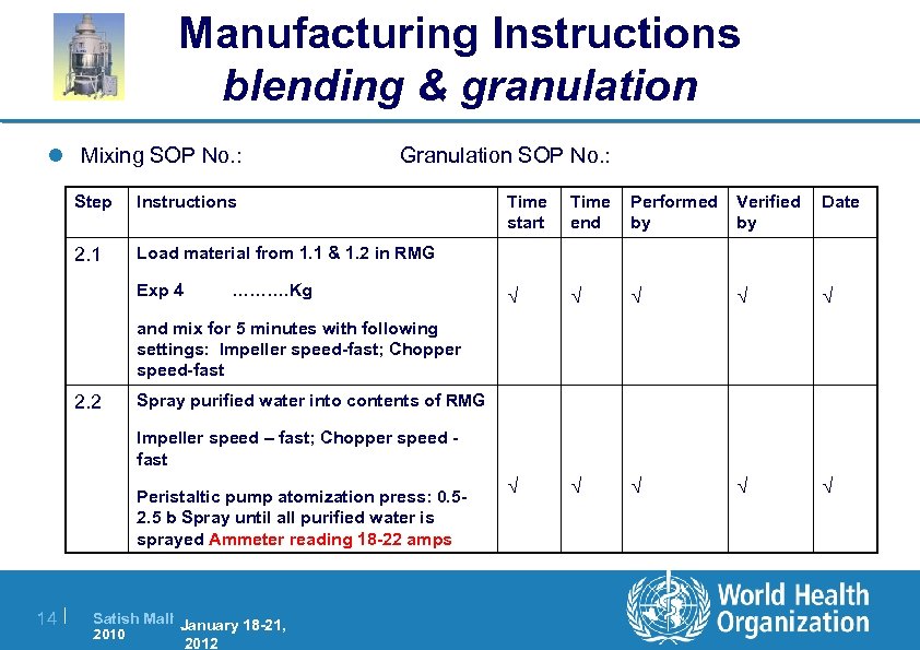 Manufacturing Instructions blending & granulation l Mixing SOP No. : Granulation SOP No. :