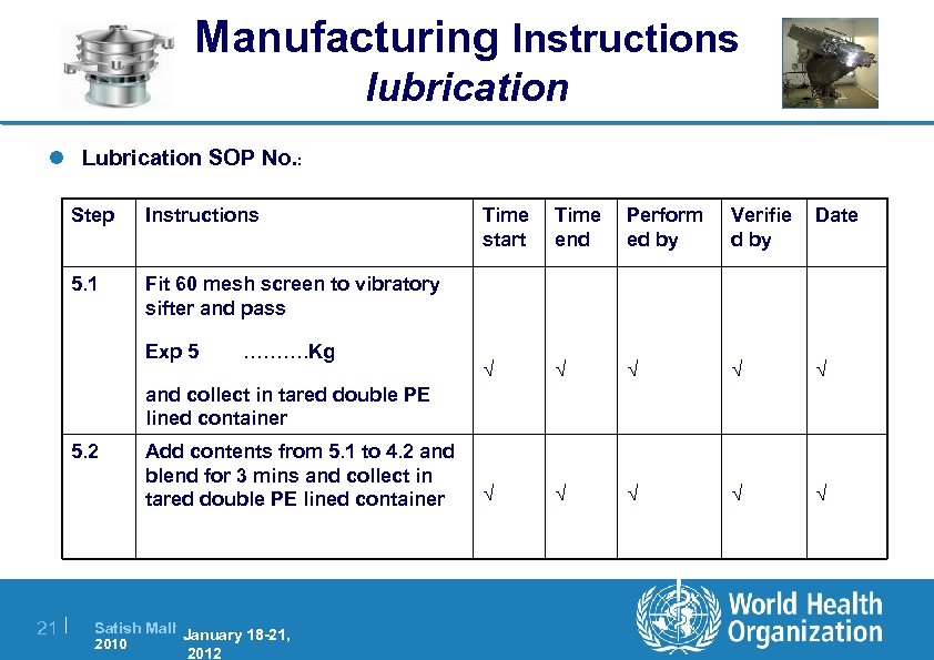 Manufacturing Instructions lubrication l Lubrication SOP No. : Step Instructions 5. 1 Fit 60