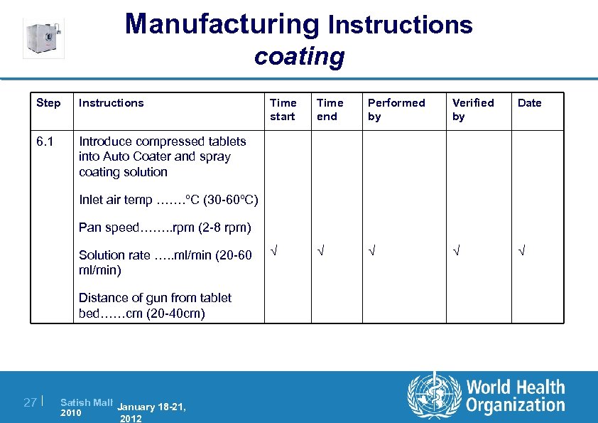 Manufacturing Instructions coating Step Instructions 6. 1 Time start Time end Performed by Verified