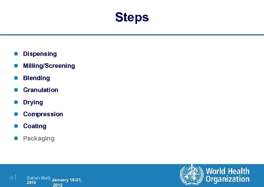 Steps l Dispensing l Milling/Screening l Blending l Granulation l Drying l Compression l