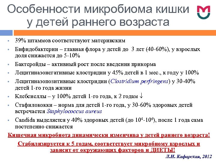 Особенности микробиома кишки у детей раннего возраста 39% штаммов соответствуют материнским § Бифидобактерии –