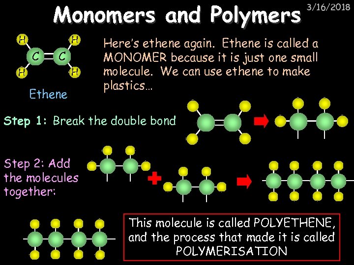 Monomers and Polymers H H C C H H Ethene 3/16/2018 Here’s ethene again.