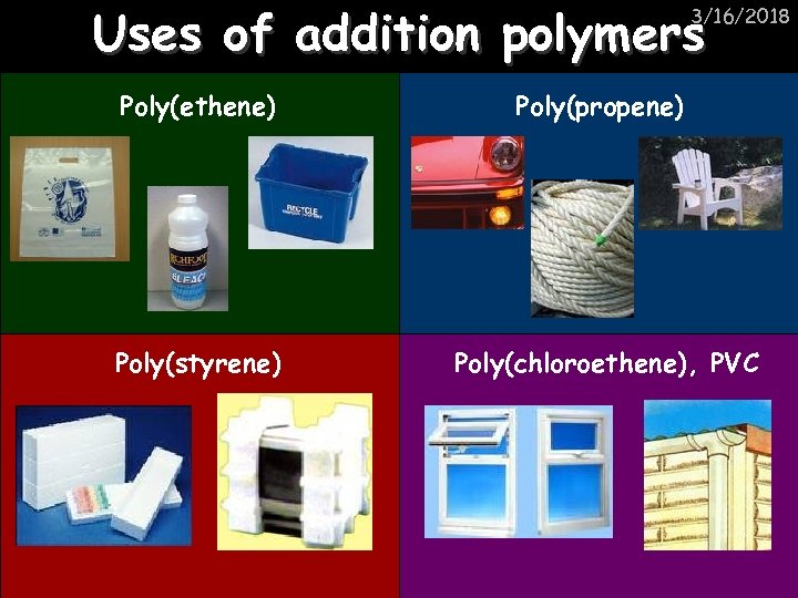 Uses of addition polymers 3/16/2018 Poly(ethene) Poly(propene) Poly(styrene) Poly(chloroethene), PVC 