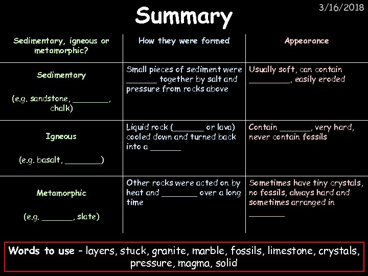 Summary Sedimentary, igneous or metamorphic? Sedimentary (e. g. sandstone, _______, chalk) Igneous How they