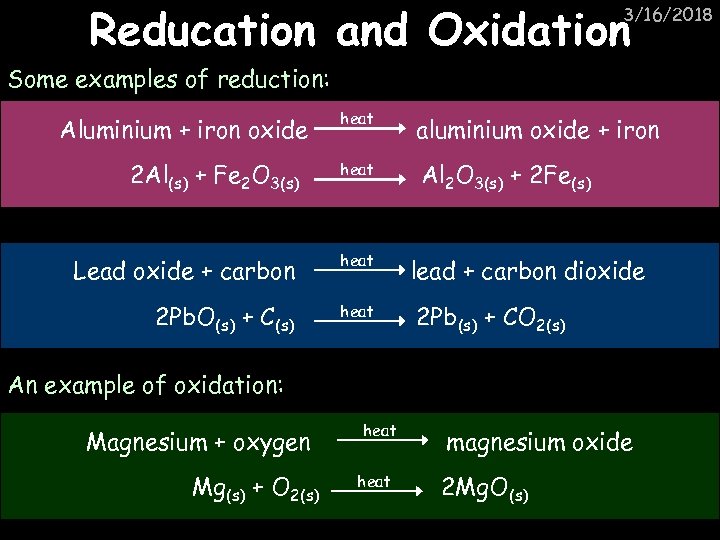 Reducation and Oxidation 3/16/2018 Some examples of reduction: heat aluminium oxide + iron 2