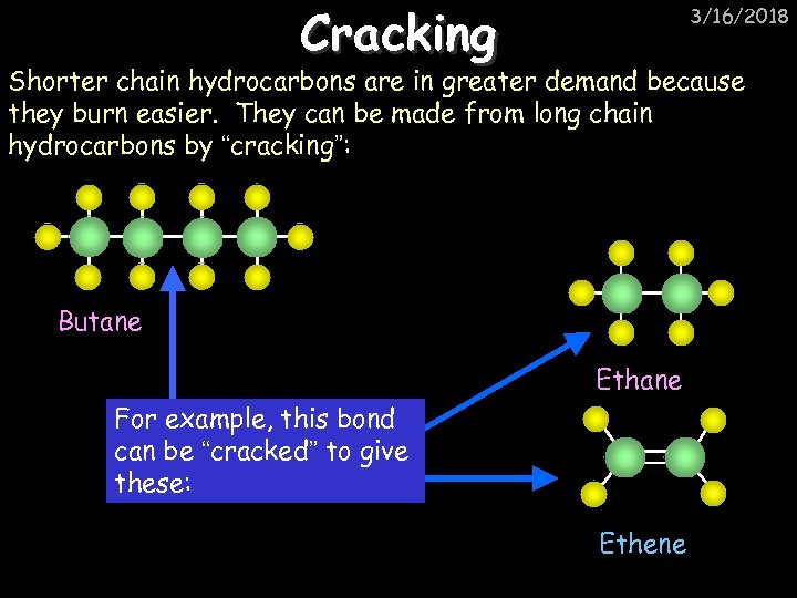 Cracking 3/16/2018 Shorter chain hydrocarbons are in greater demand because they burn easier. They