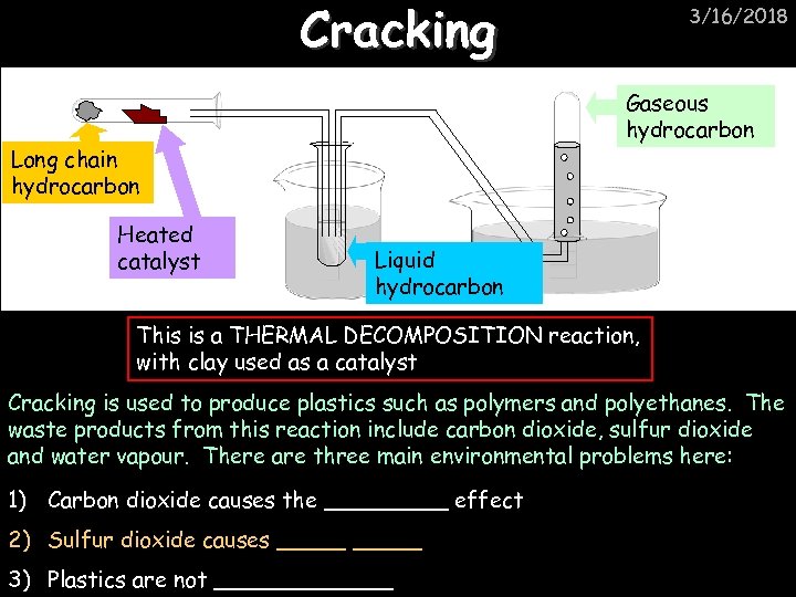 Cracking Gaseous hydrocarbon Long chain hydrocarbon Heated catalyst 3/16/2018 Liquid hydrocarbon This is a