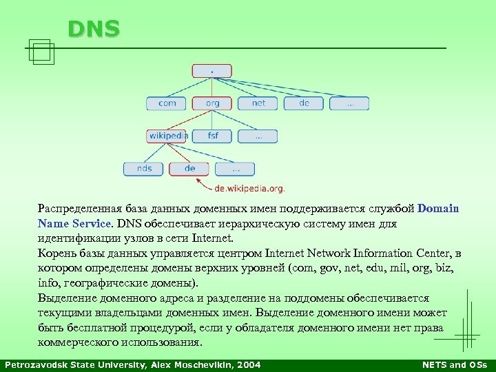 DNS Распределенная база данных доменных имен поддерживается службой Domain Name Service. DNS обеспечивает иерархическую