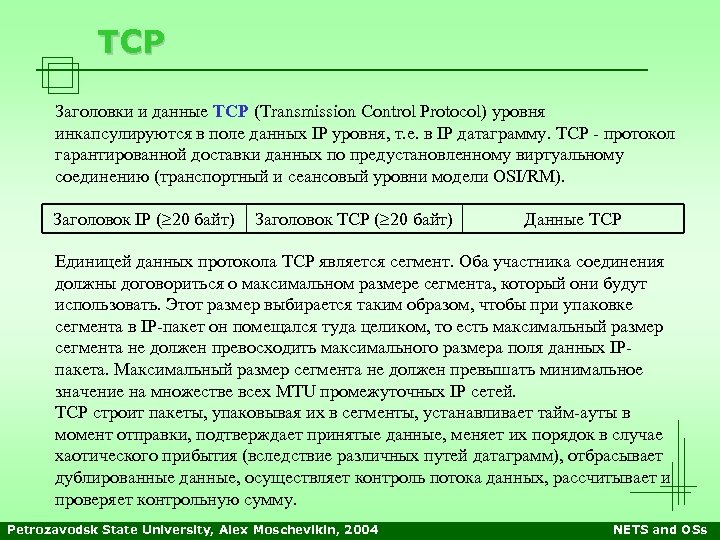 TCP Заголовки и данные TCP (Transmission Control Protocol) уровня инкапсулируются в поле данных IP
