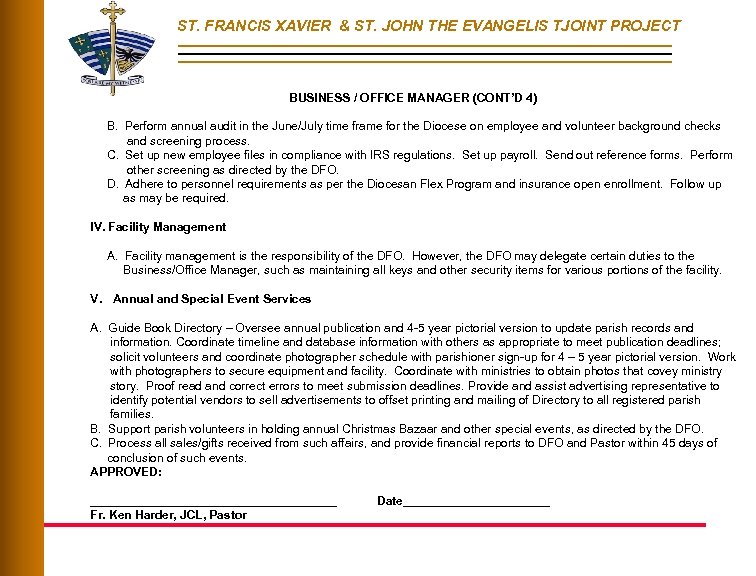ST. FRANCIS XAVIER & ST. JOHN THE EVANGELIS TJOINT PROJECT BUSINESS / OFFICE MANAGER