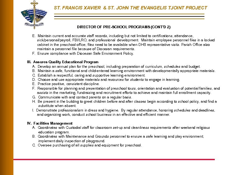ST. FRANCIS XAVIER & ST. JOHN THE EVANGELIS TJOINT PROJECT DIRECTOR OF PRE-SCHOOL PROGRAMS
