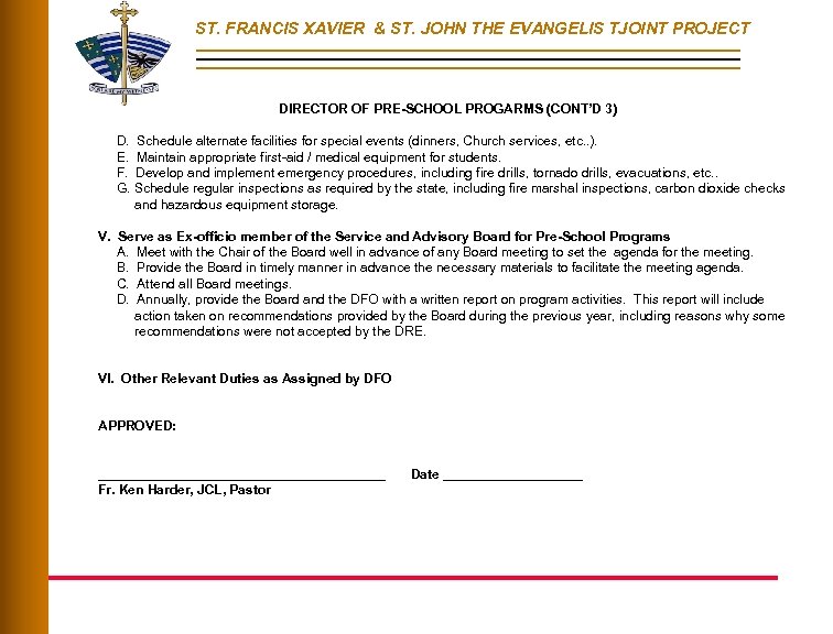 ST. FRANCIS XAVIER & ST. JOHN THE EVANGELIS TJOINT PROJECT DIRECTOR OF PRE-SCHOOL PROGARMS