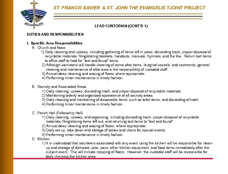 ST. FRANCIS XAVIER & ST. JOHN THE EVANGELIS TJOINT PROJECT LEAD CUSTODIAN (CONT’D 1)