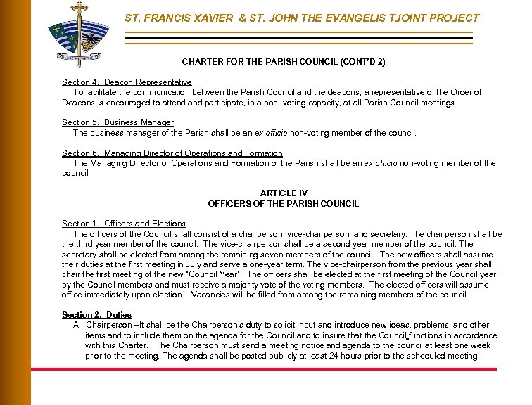 ST. FRANCIS XAVIER & ST. JOHN THE EVANGELIS TJOINT PROJECT CHARTER FOR THE PARISH