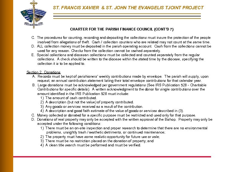 ST. FRANCIS XAVIER & ST. JOHN THE EVANGELIS TJOINT PROJECT CHARTER FOR THE PARISH