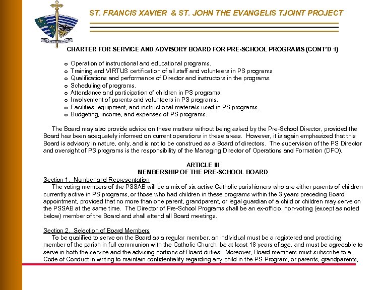 ST. FRANCIS XAVIER & ST. JOHN THE EVANGELIS TJOINT PROJECT CHARTER FOR SERVICE AND