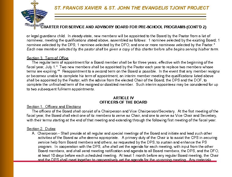 ST. FRANCIS XAVIER & ST. JOHN THE EVANGELIS TJOINT PROJECT CHARTER FOR SERVICE AND
