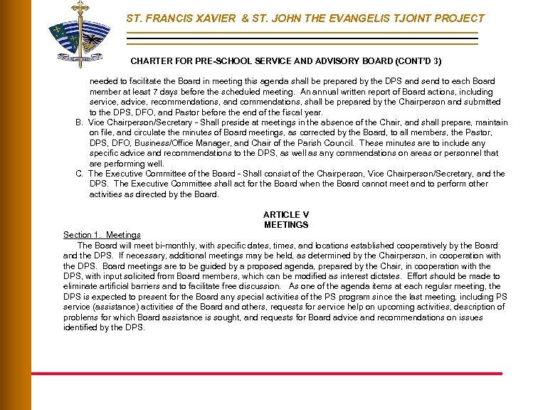 ST. FRANCIS XAVIER & ST. JOHN THE EVANGELIS TJOINT PROJECT CHARTER FOR PRE-SCHOOL SERVICE