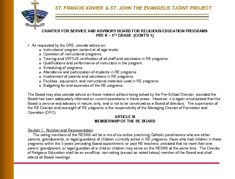 ST. FRANCIS XAVIER & ST. JOHN THE EVANGELIS TJOINT PROJECT CHARTER FOR SERVICE AND