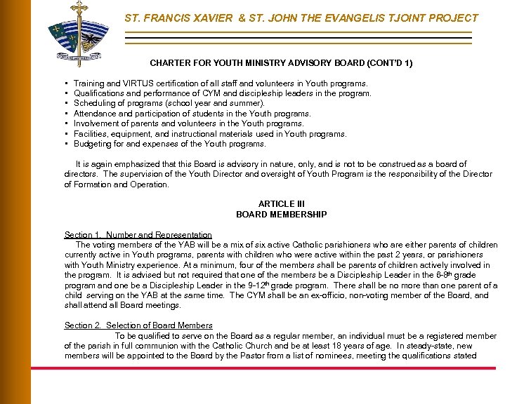 ST. FRANCIS XAVIER & ST. JOHN THE EVANGELIS TJOINT PROJECT CHARTER FOR YOUTH MINISTRY