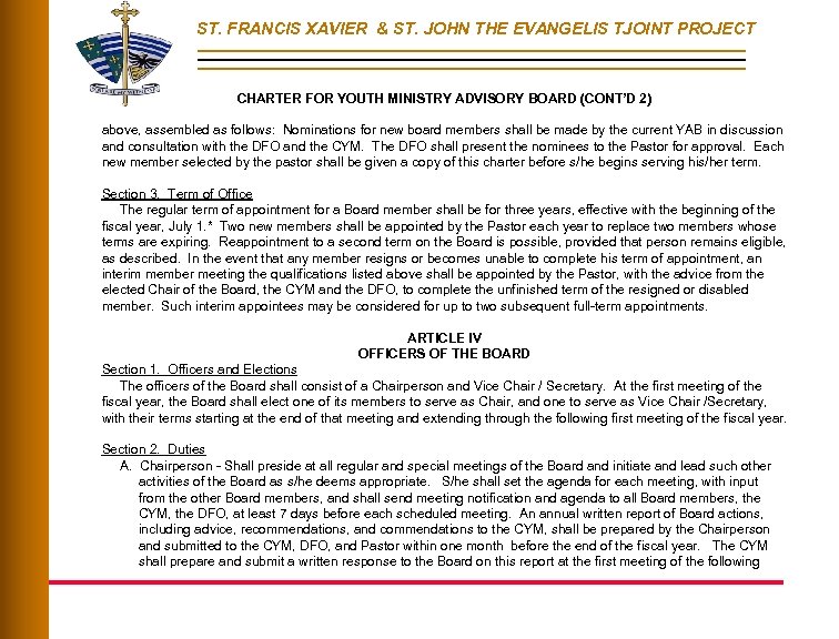 ST. FRANCIS XAVIER & ST. JOHN THE EVANGELIS TJOINT PROJECT CHARTER FOR YOUTH MINISTRY