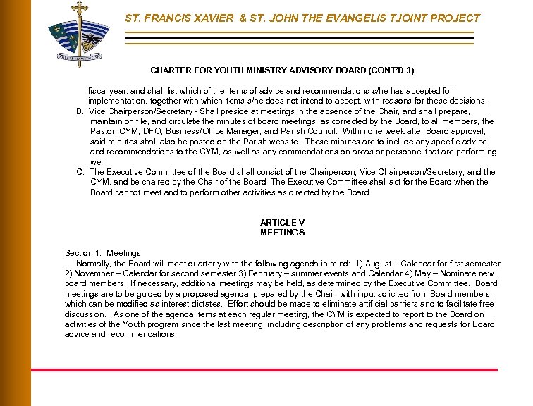 ST. FRANCIS XAVIER & ST. JOHN THE EVANGELIS TJOINT PROJECT CHARTER FOR YOUTH MINISTRY