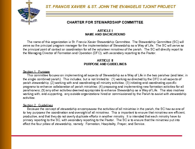 ST. FRANCIS XAVIER & ST. JOHN THE EVANGELIS TJOINT PROJECT CHARTER FOR STEWARDSHIP COMMITTEE
