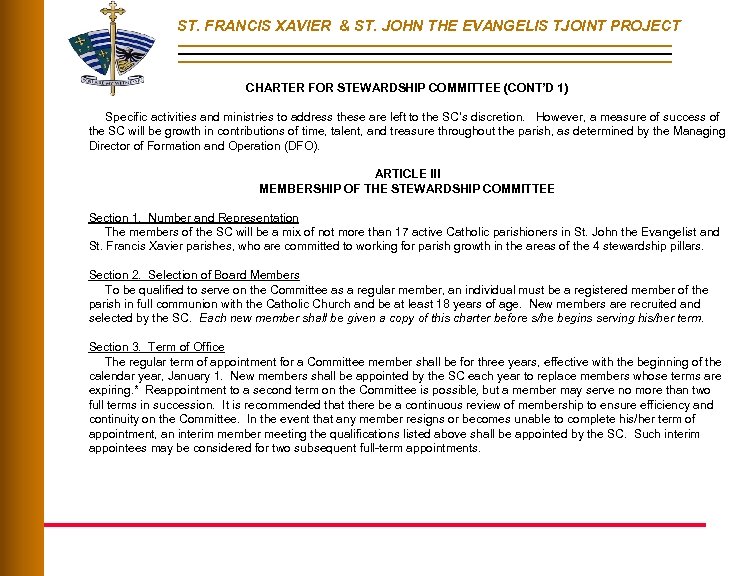 ST. FRANCIS XAVIER & ST. JOHN THE EVANGELIS TJOINT PROJECT CHARTER FOR STEWARDSHIP COMMITTEE