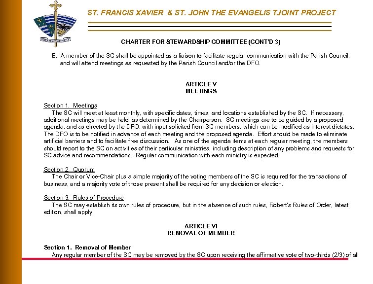 ST. FRANCIS XAVIER & ST. JOHN THE EVANGELIS TJOINT PROJECT CHARTER FOR STEWARDSHIP COMMITTEE