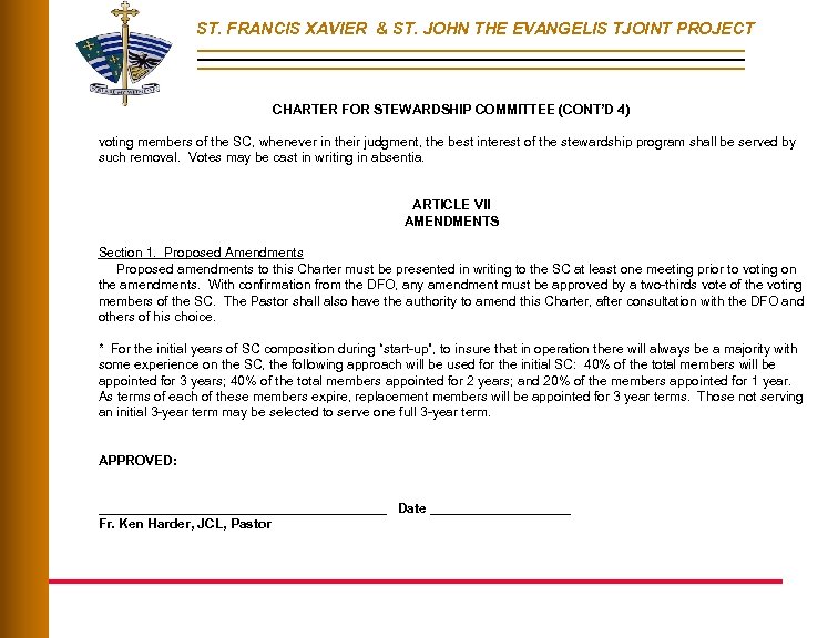 ST. FRANCIS XAVIER & ST. JOHN THE EVANGELIS TJOINT PROJECT CHARTER FOR STEWARDSHIP COMMITTEE
