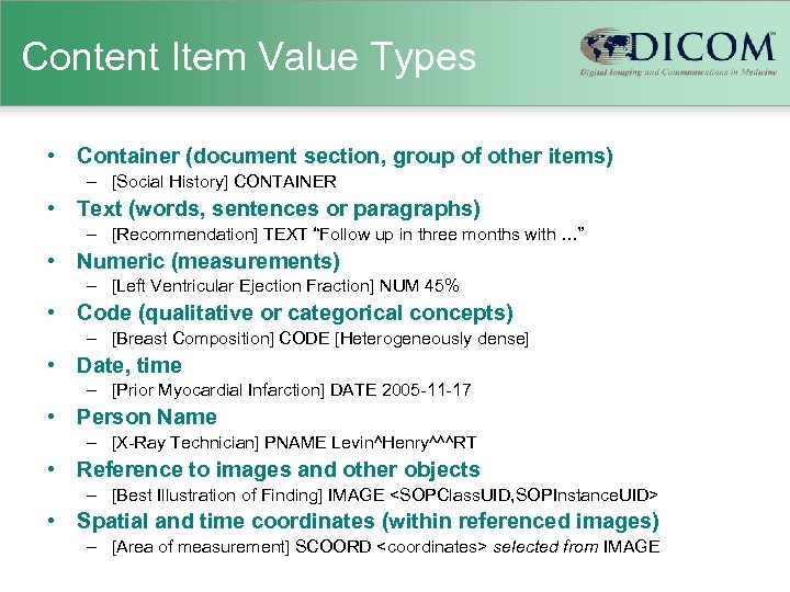 Content Item Value Types • Container (document section, group of other items) – [Social