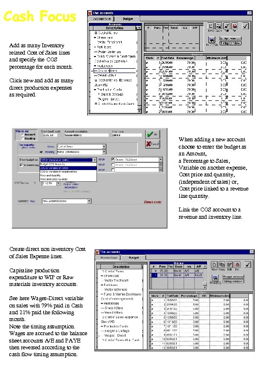 Cash Focus Add as many Inventory related Cost of Sales lines and specify the