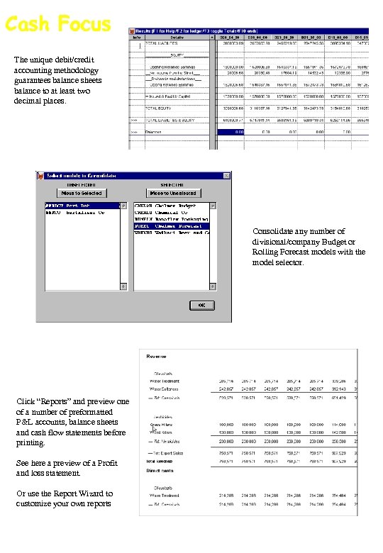 Cash Focus The unique debit/credit accounting methodology guarantees balance sheets balance to at least