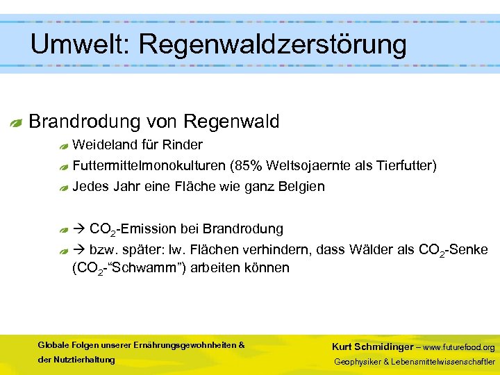  Umwelt: Regenwaldzerstörung Brandrodung von Regenwald Weideland für Rinder Futtermittelmonokulturen (85% Weltsojaernte als Tierfutter)