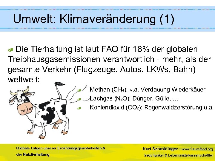  Umwelt: Klimaveränderung (1) Die Tierhaltung ist laut FAO für 18% der globalen Treibhausgasemissionen