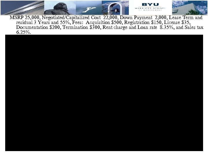 MSRP 25, 000, Negotiated/Capitalized Cost 22, 000, Down Payment 2, 000, Lease Term and