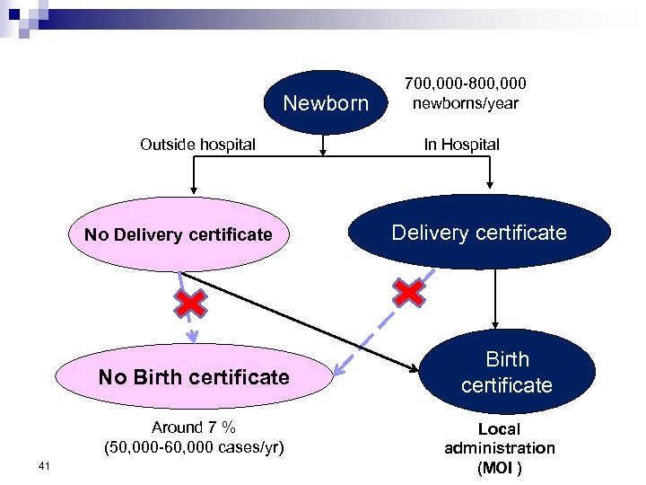 Newborn Outside hospital No Delivery certificate No Birth certificate Around 7 % (50, 000