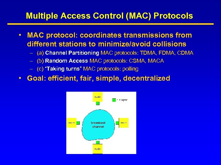 Multiple Access Control (MAC) Protocols • MAC protocol: coordinates transmissions from different stations to