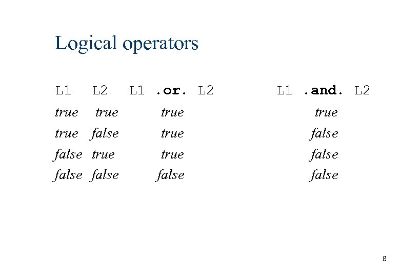 Logical operators L 1 L 2 L 1. or. L 2 true false true