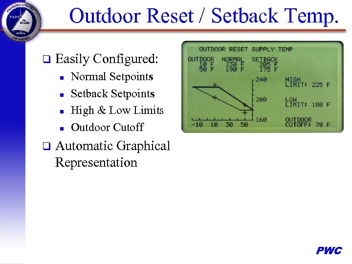 Outdoor Reset / Setback Temp. q Easily Configured: n n q Normal Setpoints Setback