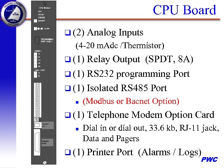 CPU Board q (2) Analog Inputs (4 -20 m. Adc /Thermistor) q (1) Relay